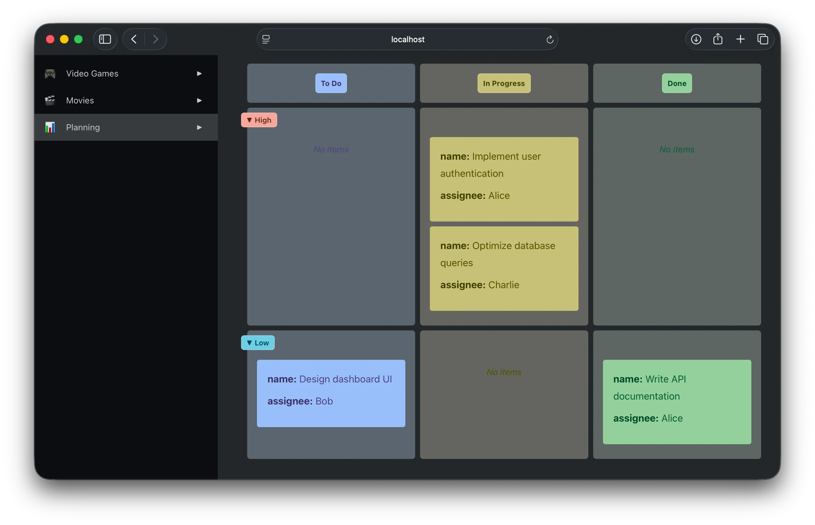 Project planning board screenshot