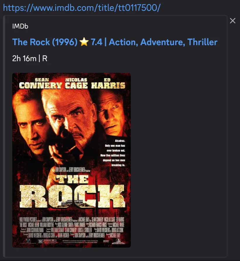 Preview for IMDB listing of "The Rock" in Discord